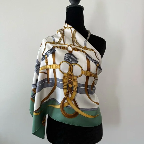 Hermes Silk Scarf with Gold Tack & Green Border - Picture 11 of 12